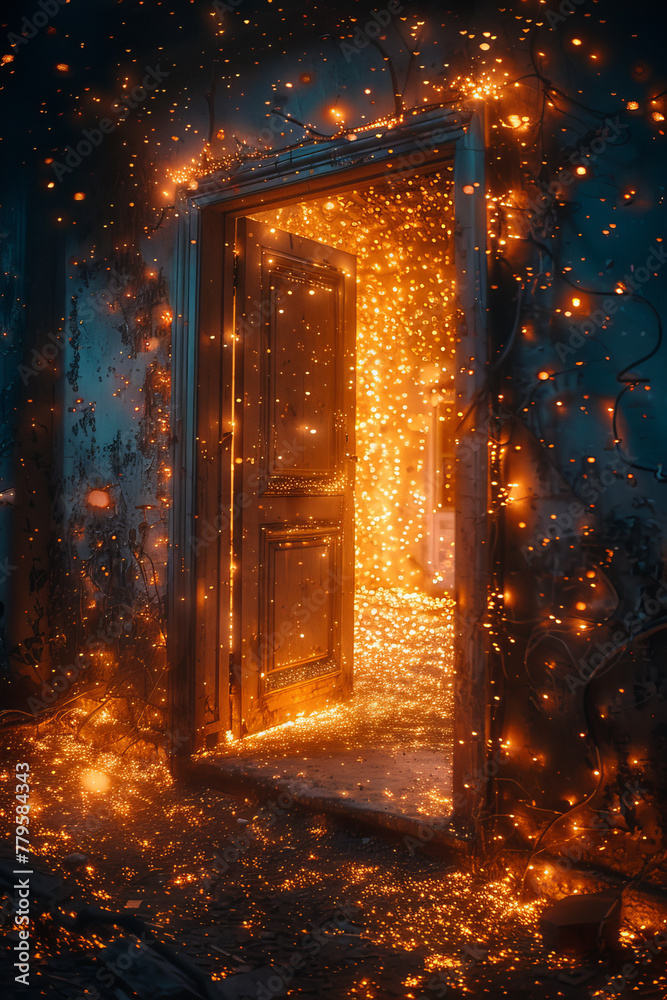 A doorway opening into an infinite space filled with lights and pathways, symbolizing the endless po A doorway opening into an infinite space filled with lights and pathways, symbolizing the endless po