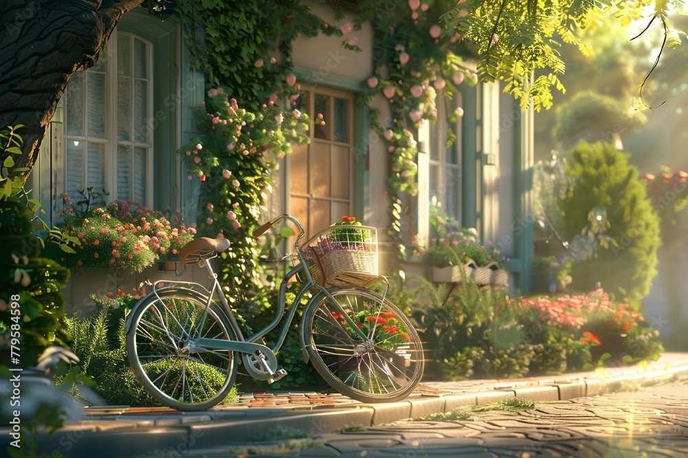 AI generated illustration of a bicycle with flowers parked by a building
