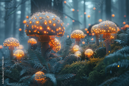 Giant puffballs releasing clouds of luminous spores that float upwards, creating a starry sky beneat photo