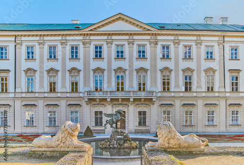 Salzburg, Austria -  October 6, 2022: The main facade  of the Mirabell palace...