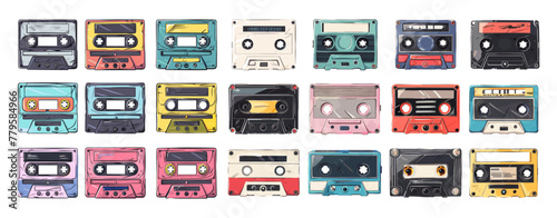 Audio cassette cartoon vector set. E type musical media retro vintage sound playback old school devices, illustrations isolated on white background