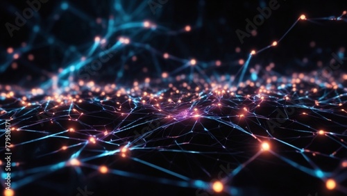 A large data network of glowing digital lights in the dark. Future tech worldwide web wallpaper header illustration concept. A wirefarme information abstract background design.