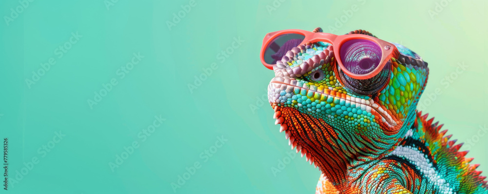 A colorful chameleon wearing sunglasses on green background with copy space