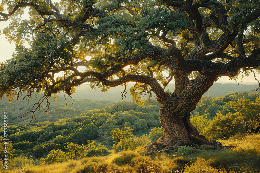 An ancient tree whose leaves are windows to other times, fluttering with glimpses of the forest An ancient tree whose leaves are windows to other times, fluttering with glimpses of the forest