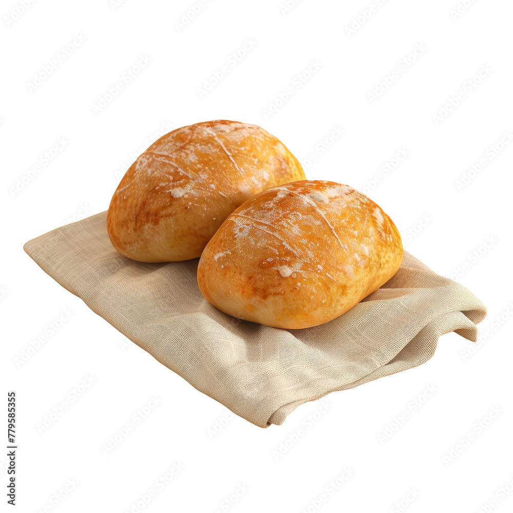Three bread rolls on a napkin on a Transparent Background