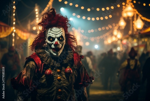 AI generated illustration of scary clowns with creepy outfits in nightmare Carnival