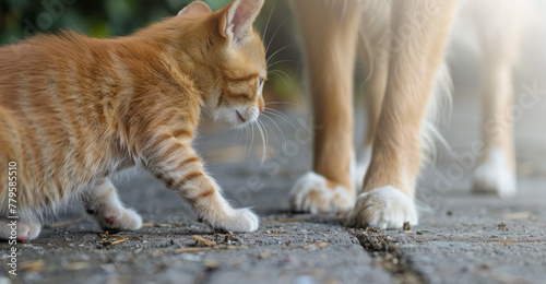 Gatito atigrado jugando entre las patas de un perro. photo