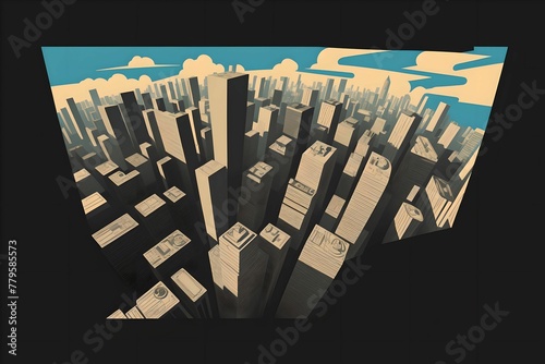 AI-generated illustration of a bustling city skyline featuring high-rise buildings and a blue sky