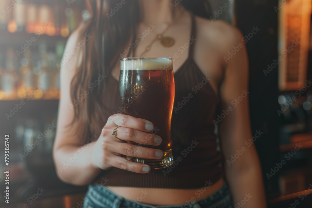 Mujer sujetando una cerveza en un bar.