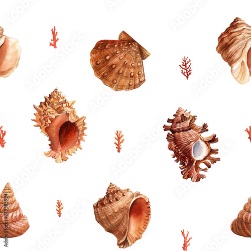 Watercolor seashell seamless pattern. Underwater creatures sea shell, nautical Design wallpaper