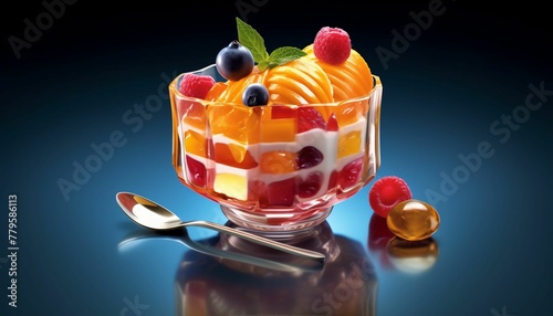 Clear bowl filled with frosting and fruit pieces with a spoon next to it, AI-generated