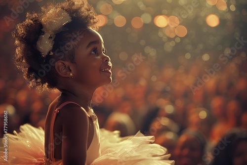 Cute little black girl in a tutu performing on stage girl in a performance, AI-generated.