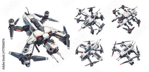 Isometric drones vector set. Modern unmanned quadcopter controlled aircraft industrial detailed devices illustrations isolated on white background
