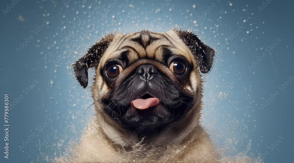 Quirky pug with its tongue sticking out standing against a blue background, AI-generated