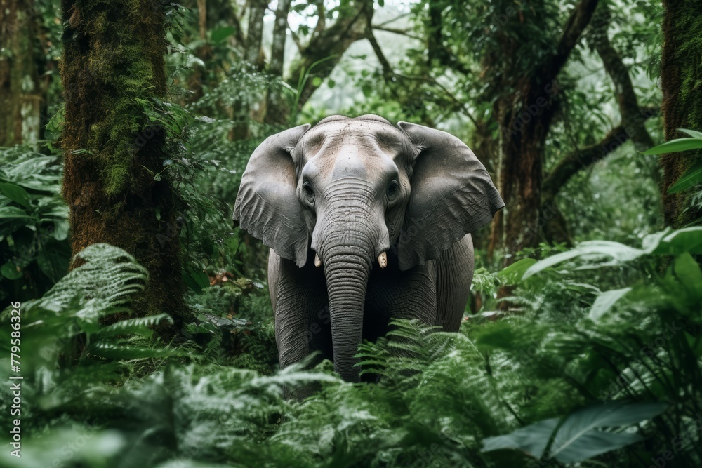 Fototapeta premium elephant stands calmly amidst the lush green forest. 