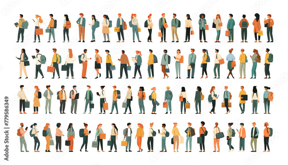 Job seekers simple flat big vector bundle. Men women casual clothes backpacks bags accessories standing walking poses characters simple minimalistic design illustrations isolated on white background Job seekers simple flat big vector bundle. Men women casual clothes backpacks bags accessories standing walking poses characters simple minimalistic design illustrations isolated on white background