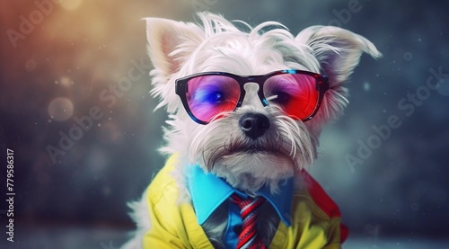 AI-generated illustration of a white Yorkshire terrier wearing pink and purple sunglasses and a tie © Wirestock