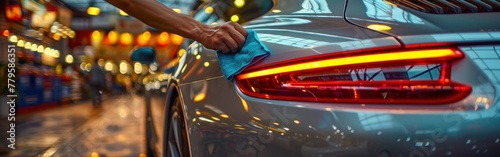 A person is using a microfiber cloth to clean a car