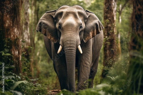  elephant stands calmly amidst the lush green forest. 