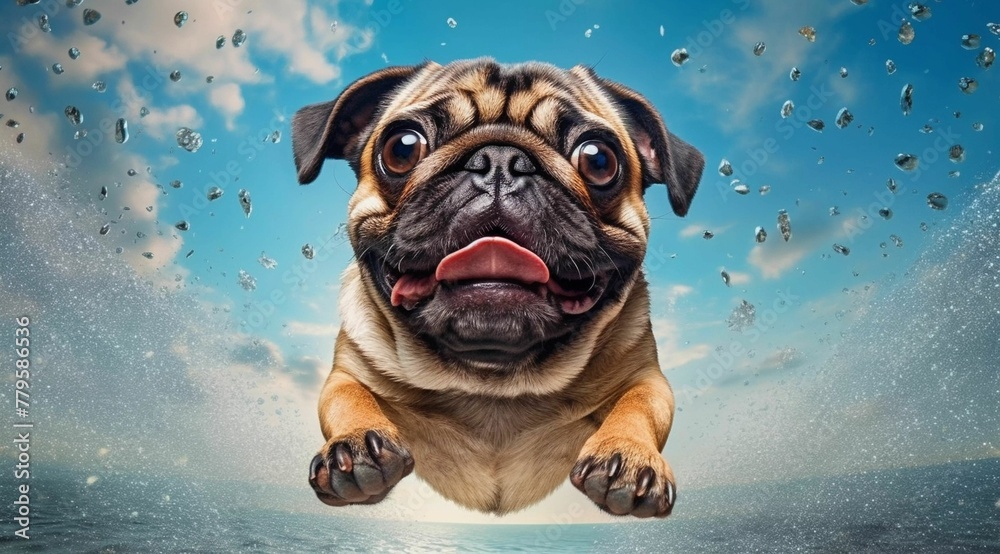 AI-generated illustration of a goofy pug flying in the air above the sea