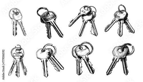Keys bunch pencil sketch vector set. Opening locks doors modern steel metal on ring objects, white background isolated illustrations