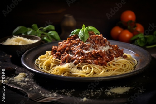 Juicy spaghetti bolognese on a rustic plate against a galvanized steel background