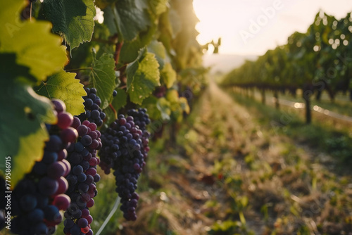 a bunch of grapes hanging from a branch in a vineyard