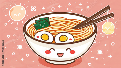 kawaii ilustration of a happy bowl of ramen noodles