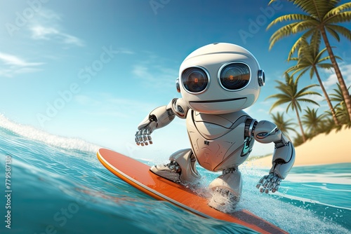 cute robot on surfboard surf a wave on tropical beach in summer illustration © krissikunterbunt
