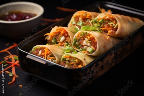 Exquisite spring rolls in a bento box against a ceramic mosaic background