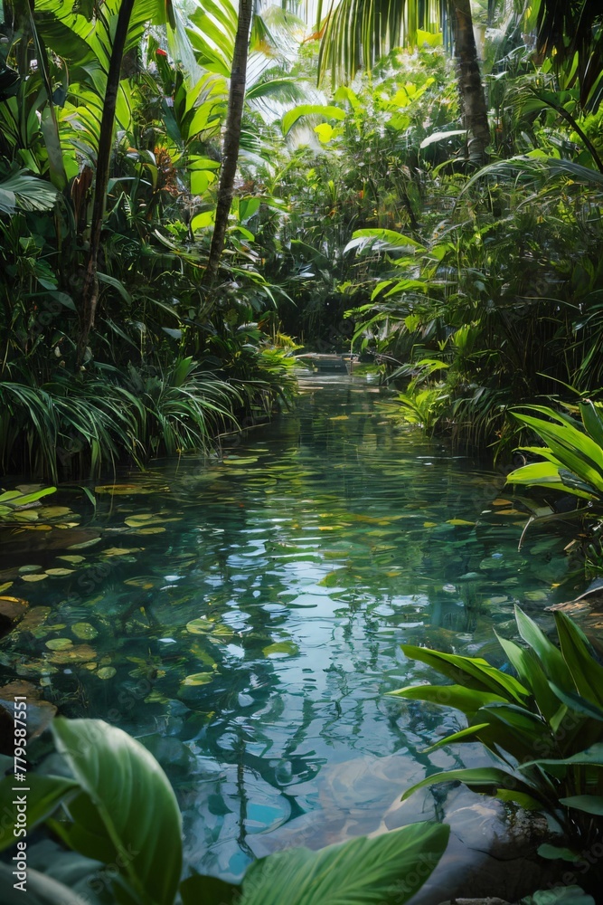 AI-generated illustration of a scenic jungle river in a lush green forest