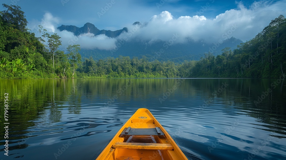 AI generated illustration of a canoe on a serene lake with distant fog AI generated illustration of a canoe on a serene lake with distant fog