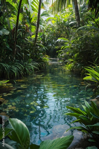 AI-generated illustration of a scenic jungle river in a lush green forest