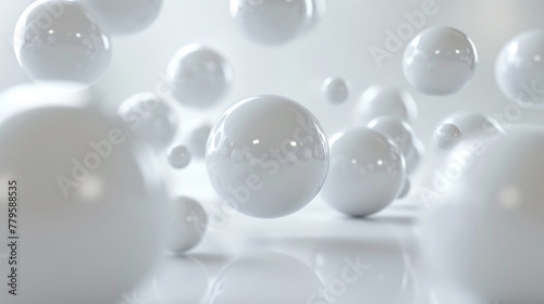 Abstract 3d rendering of chaotic white spheres in empty space with reflection. AI. © Alex Alex