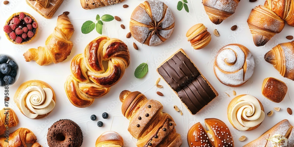 Various traditional French pastries and desserts. White isolated background Various traditional French pastries and desserts. White isolated background