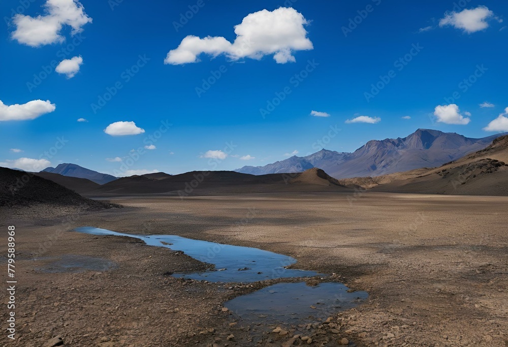 AI generated illustration of a barren desert plain with distant mountains and water puddles