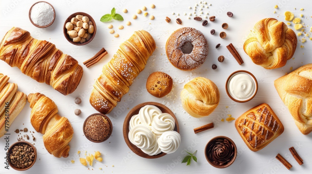 Various traditional French pastries and desserts. White isolated background Various traditional French pastries and desserts. White isolated background