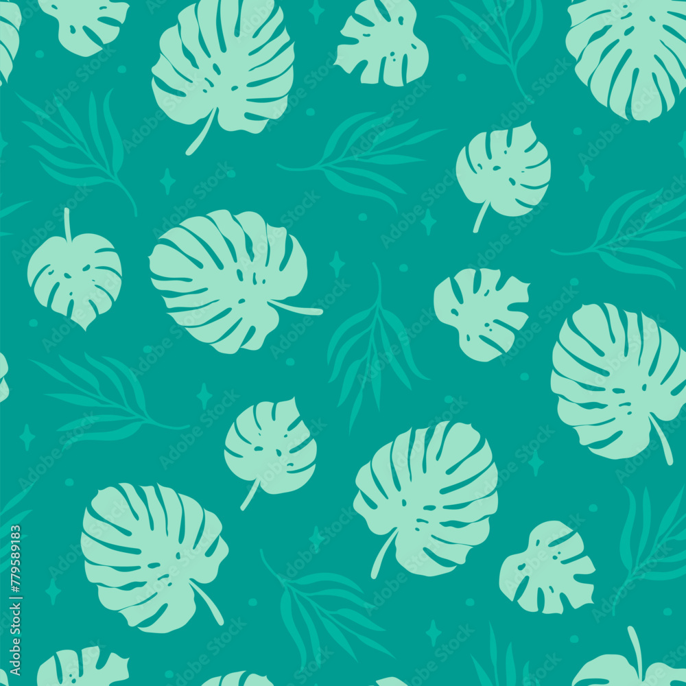 Fototapeta premium Trendy hand drawn palm leaves seamless pattern. Vector retro green tropical leaf print for fabric, summer decor, wrapping paper.