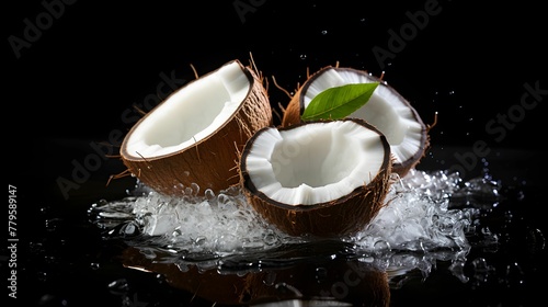AI generated illustration of freshly-cut coconut slices displayed atop a dark background