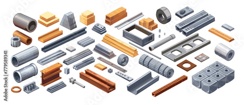 Metal products isometric vector set. Round square sheets steel pipes rails profiles heavy cast industrial objects isolated on white background