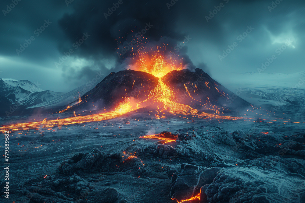 AI-generated illustration of a volcano erupting releasing glowing splashes of lava and smoke