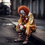 AI generated illustration of a male clown with red hair sits in the street, with a gloomy expression