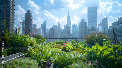 A rooftop garden, with skyscrapers towering above as the background, during a sunny afternoon
