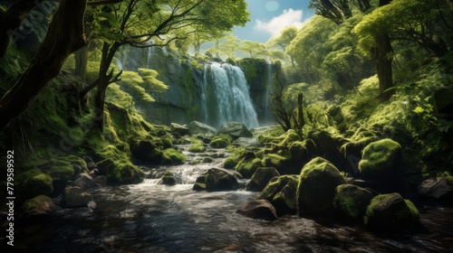  A waterfall flowing through the lush green forest It represents the grandeur of nature.  © venusvi