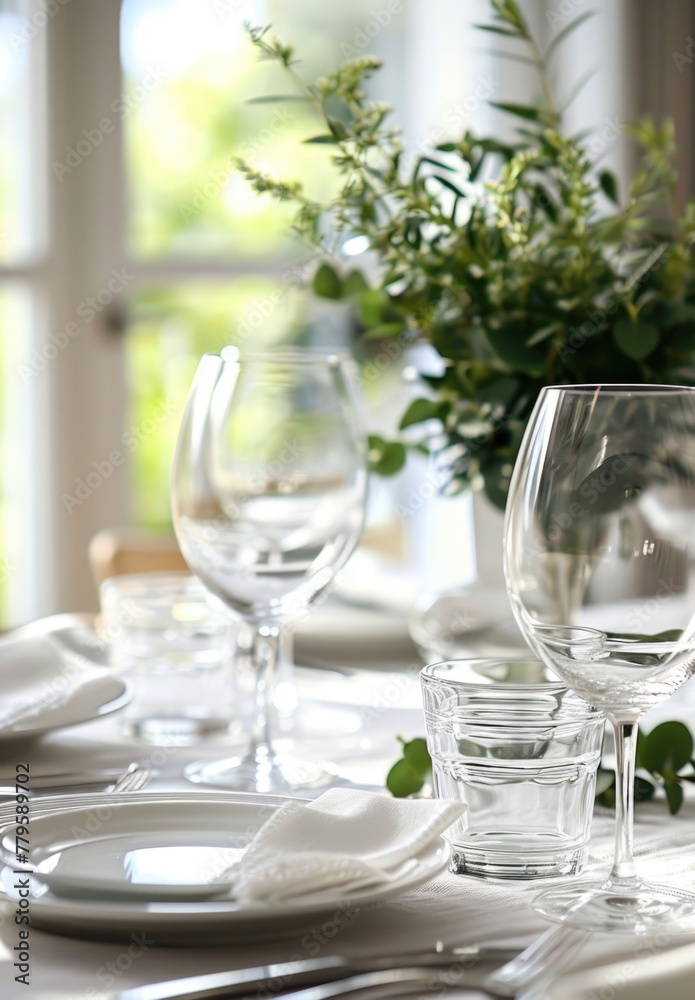 Elegant table setting with clear glassware and white plates.