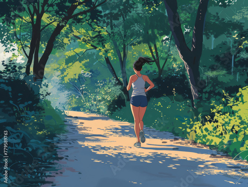 Cartoon illustration of running woman in the park