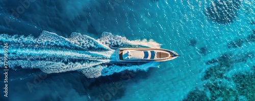 Aerial view of a speedboat gliding over turquoise waters © Denys