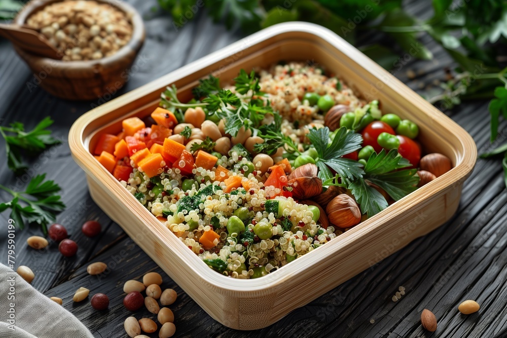 Quinoa salad with chickpeas, veggies, and nuts in a bowl.