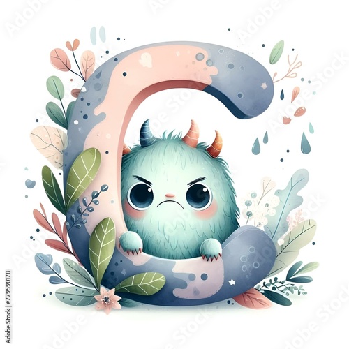 Charming Grumpy Monster and Pastel Letter "C" - AI generated digital art © Wirestock