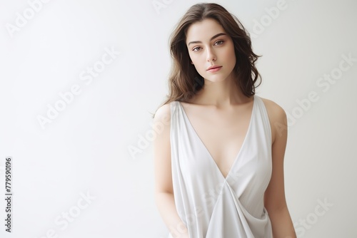 woman is wearing a minimalist style dress. Simple, comfortable atmosphere 